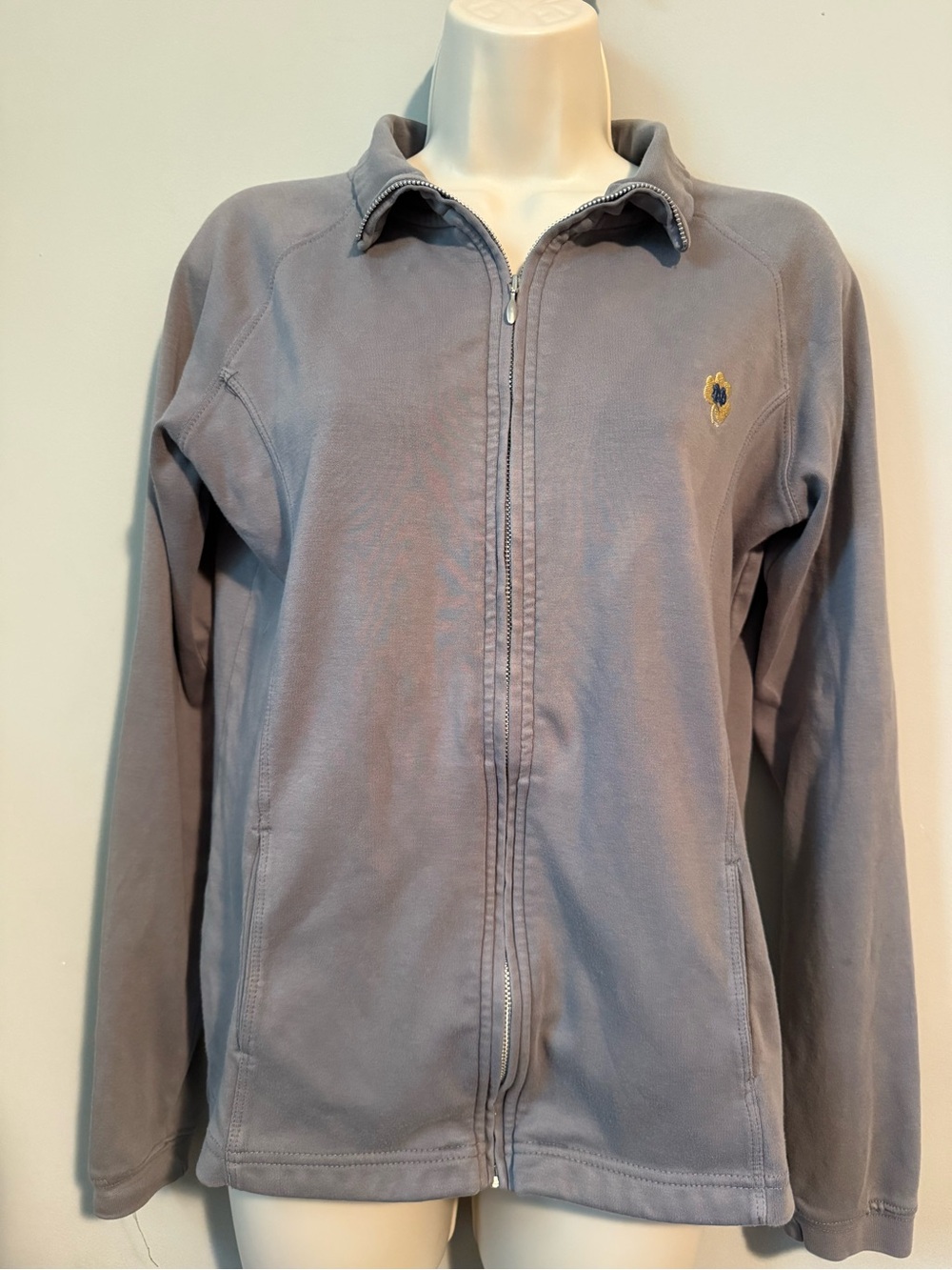 Gray Full-Zip Bomber Jacket with Floral Emblem
